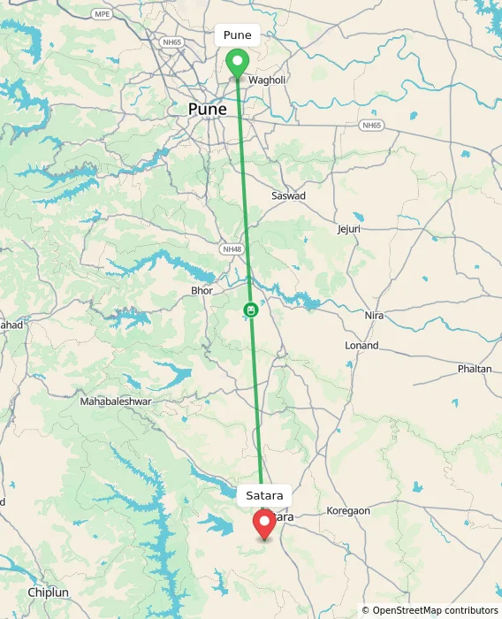 Route map showing distance and travel time from Pune, India to Satara, India