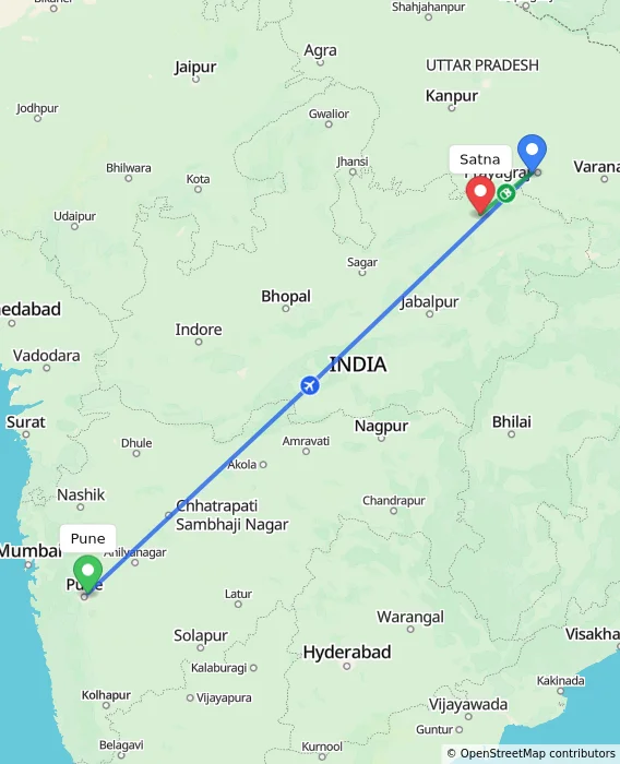 Route map showing distance and travel time from Pune, India to Satna, India