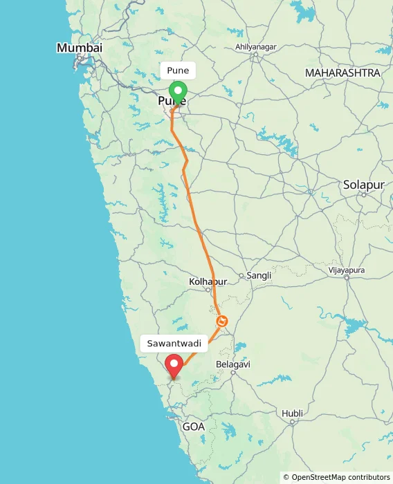 Route map showing distance and travel time from Pune, India to Sawantwadi, India