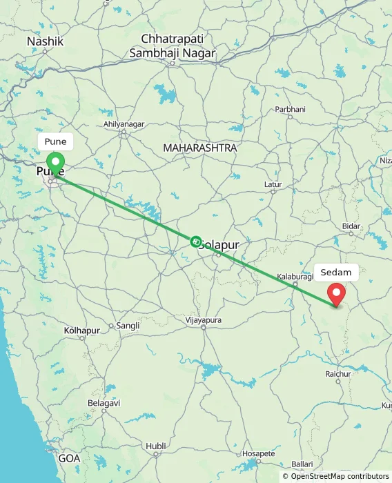 Route map showing distance and travel time from Pune, India to Sedam, India