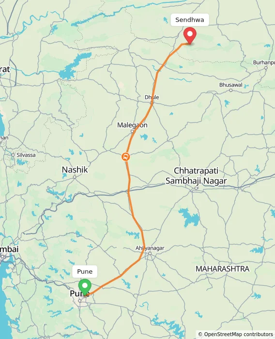 Route map showing distance and travel time from Pune, India to Sendhwa, India