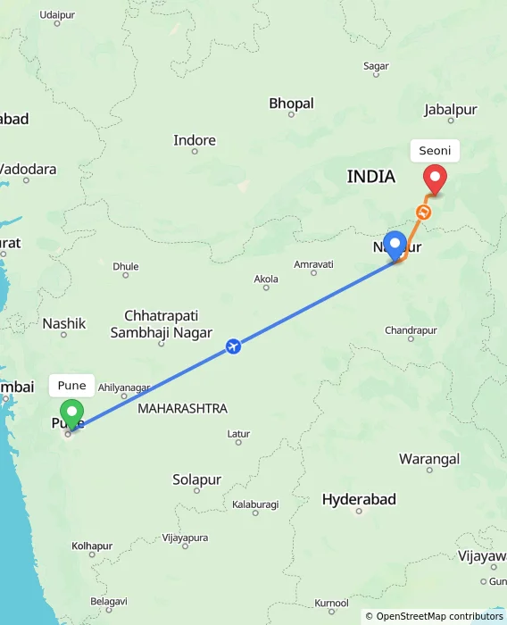 Route map showing distance and travel time from Pune, India to Seoni, India