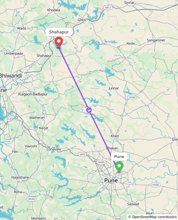 Route map showing distance and travel time from Pune, India to Shahapur, India
