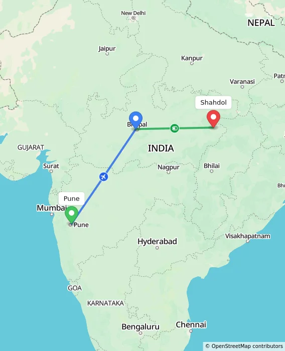 Route map showing distance and travel time from Pune, India to Shahdol, India