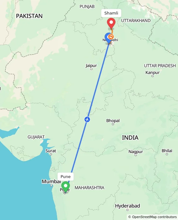 Route map showing distance and travel time from Pune, India to Shamli, India