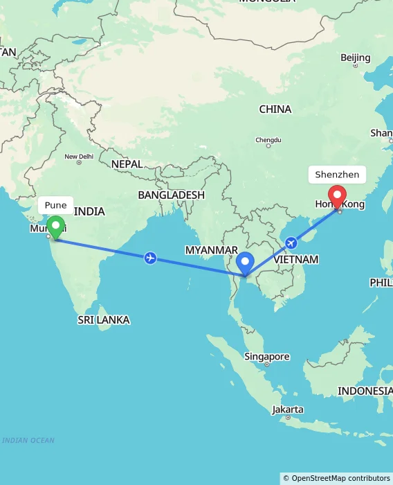Route map showing distance and travel time from Pune, India to Shenzhen, China
