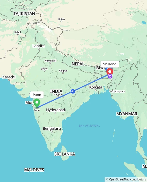 Route map showing distance and travel time from Pune, India to Shillong, India