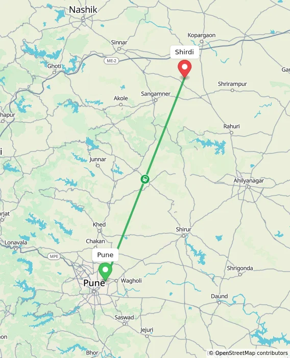 Route map showing distance and travel time from Pune, India to Shirdi, India