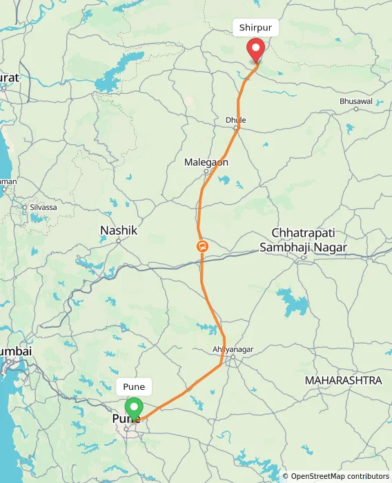 Route map showing distance and travel time from Pune, India to Shirpur, India