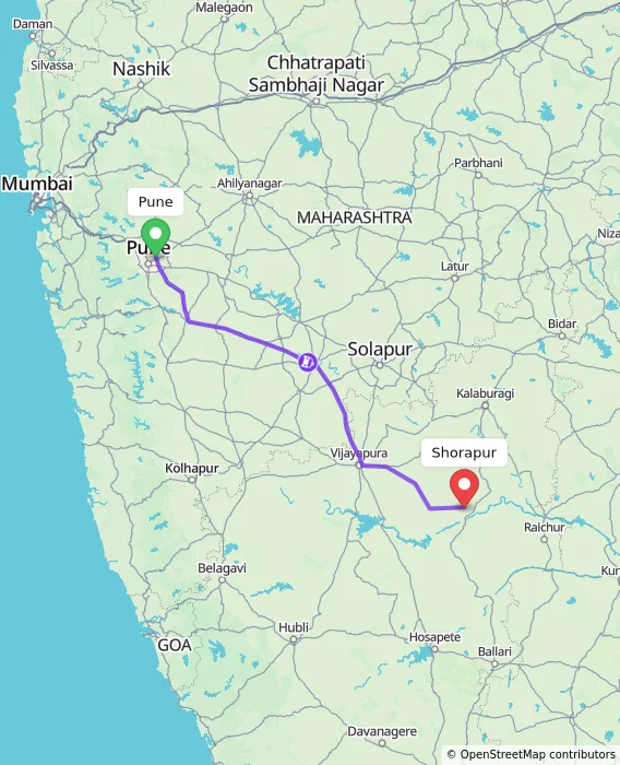 Route map showing distance and travel time from Pune, India to Shorapur, India