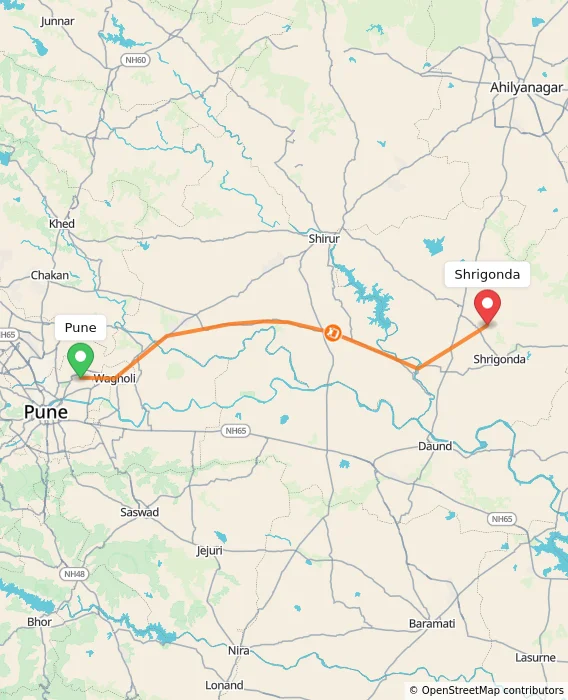 Route map showing distance and travel time from Pune, India to Shrigonda, India