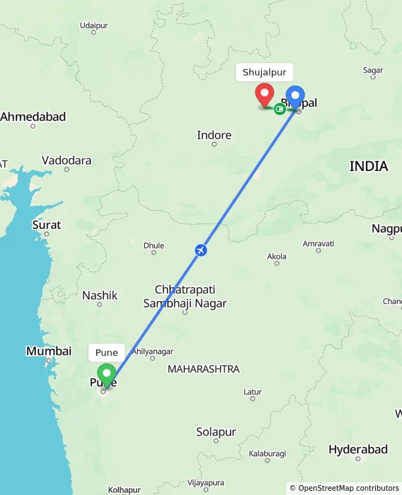 Route map showing distance and travel time from Pune, India to Shujalpur, India