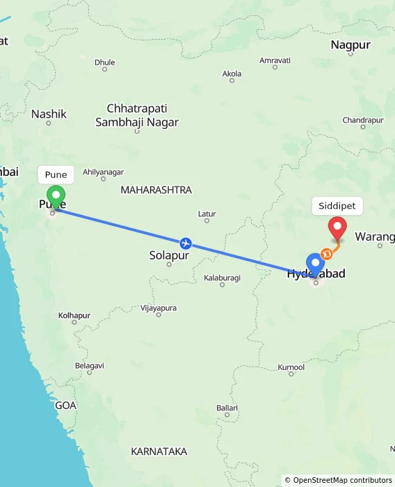 Route map showing distance and travel time from Pune, India to Siddipet, India