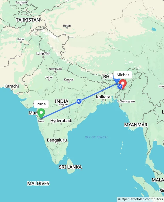 Route map showing distance and travel time from Pune, India to Silchar, India