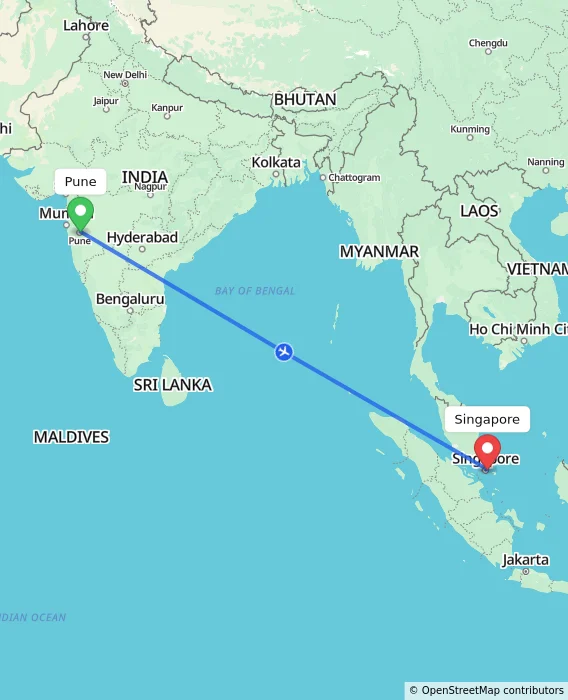 Route map showing distance and travel time from Pune, India to Singapore, Singapore