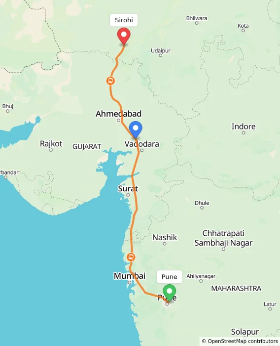 Route map showing distance and travel time from Pune, India to Sirohi, India