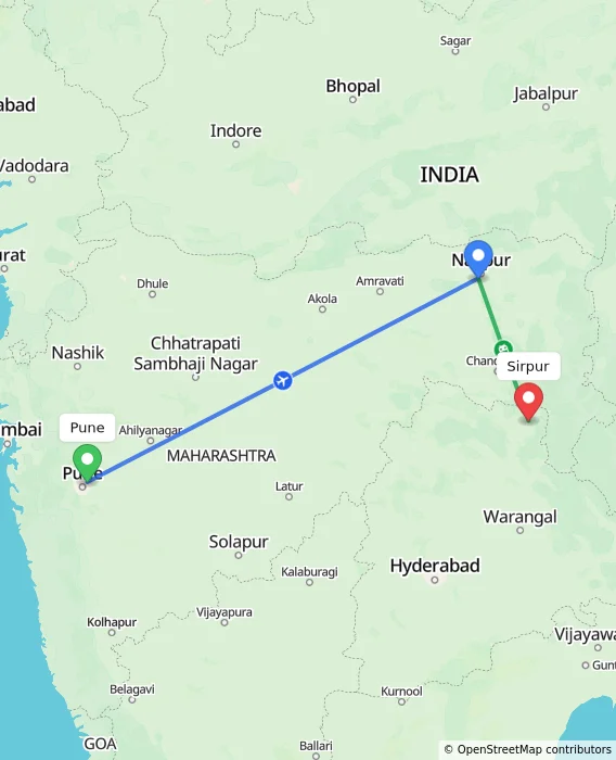 Route map showing distance and travel time from Pune, India to Sirpur, India