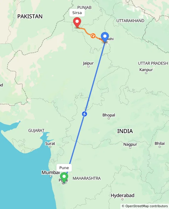 Route map showing distance and travel time from Pune, India to Sirsa, India