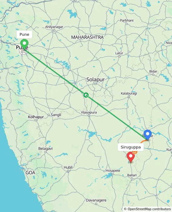 Route map showing distance and travel time from Pune, India to Siruguppa, India