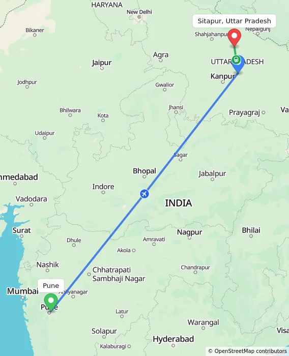 Route map showing distance and travel time from Pune, India to Sitapur, Uttar Pradesh, India