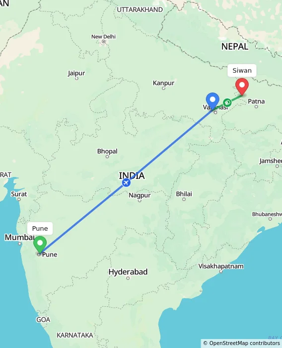 Route map showing distance and travel time from Pune, India to Siwan, India