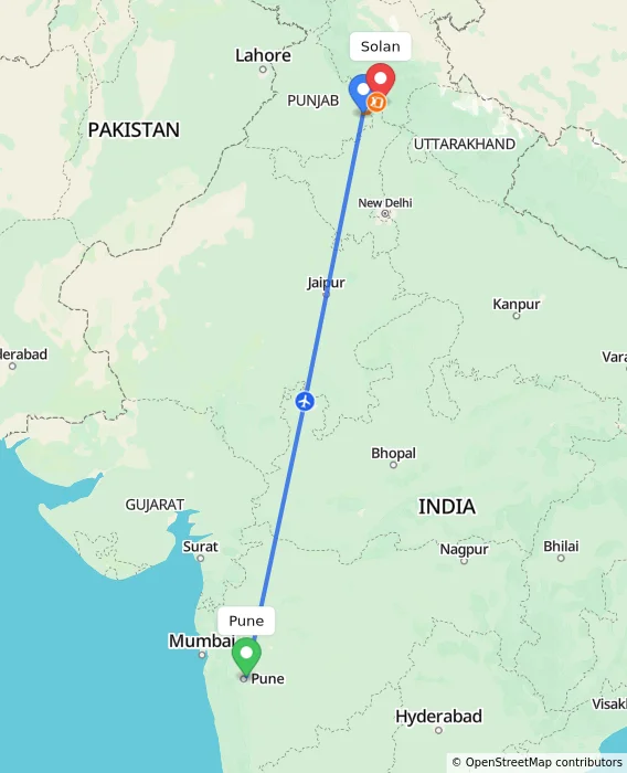 Route map showing distance and travel time from Pune, India to Solan, India