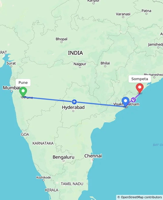 Route map showing distance and travel time from Pune, India to Sompeta, India