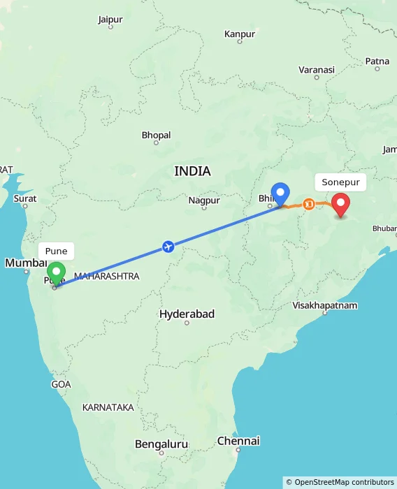 Route map showing distance and travel time from Pune, India to Sonepur, India