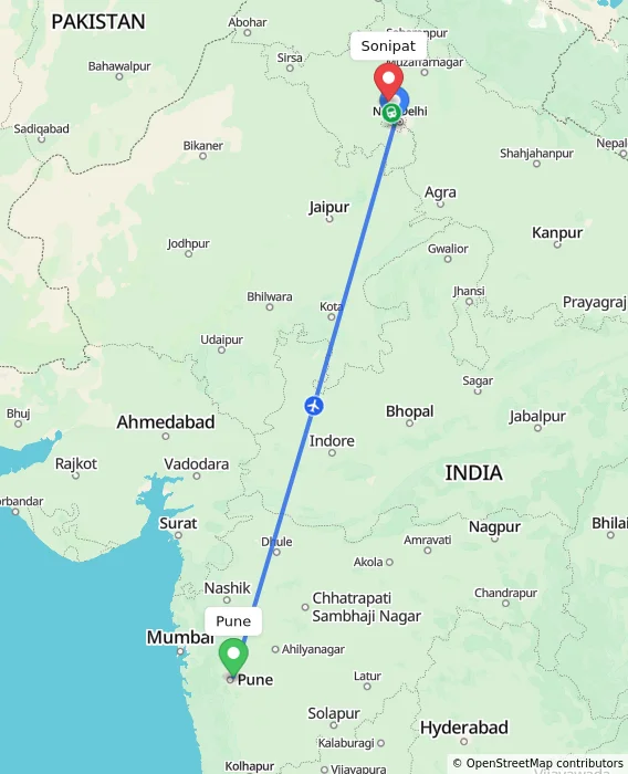 Route map showing distance and travel time from Pune, India to Sonipat, India