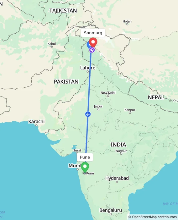 Route map showing distance and travel time from Pune, India to Sonmarg, India