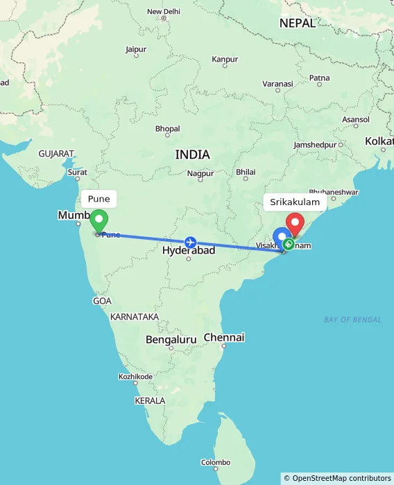 Route map showing distance and travel time from Pune, India to Srikakulam, India