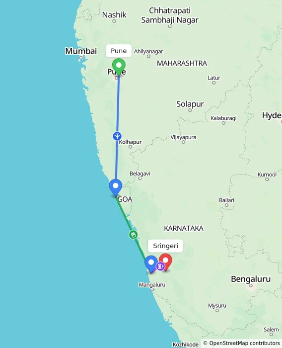 Route map showing distance and travel time from Pune, India to Sringeri, India