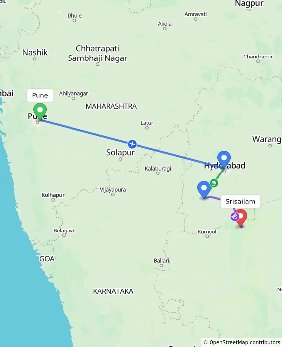 Route map showing distance and travel time from Pune, India to Srisailam, India