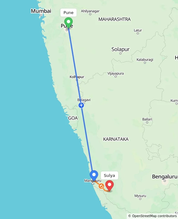 Route map showing distance and travel time from Pune, India to Sulya, India