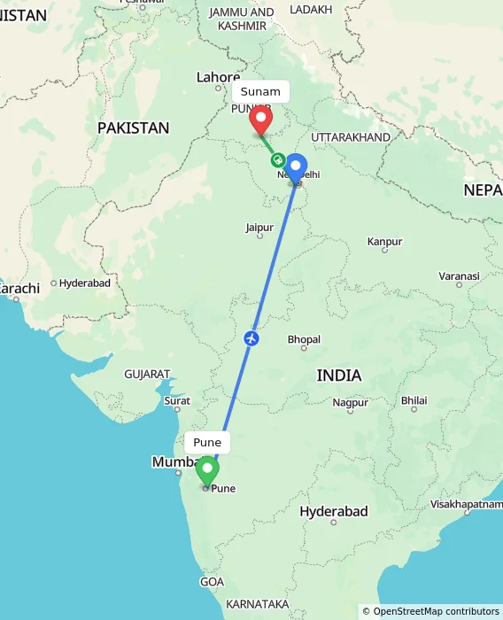 Route map showing distance and travel time from Pune, India to Sunam, India