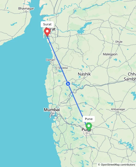 Route map showing distance and travel time from Pune, India to Surat, India