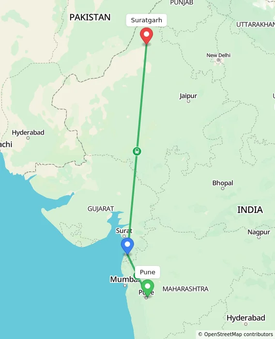 Route map showing distance and travel time from Pune, India to Suratgarh, India