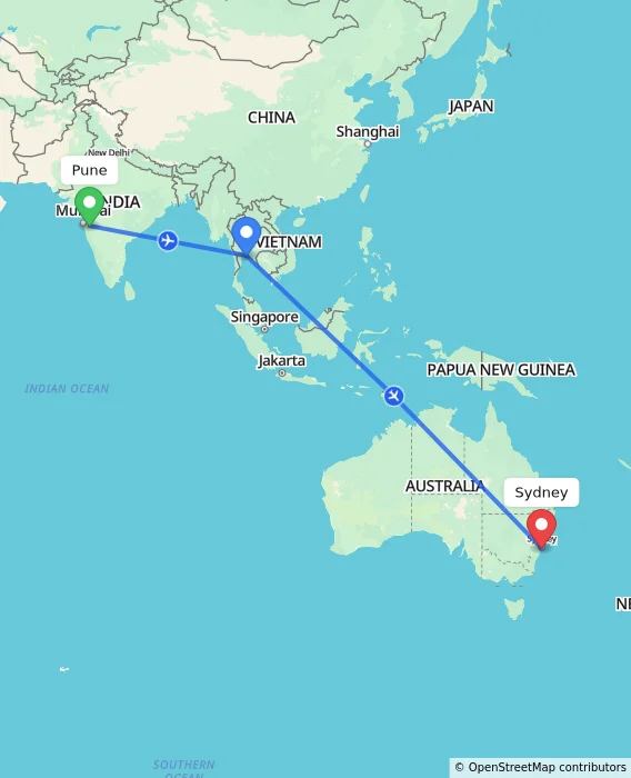 Route map showing distance and travel time from Pune, India to Sydney, Australia
