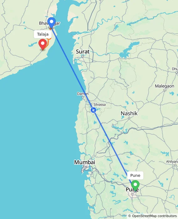 Route map showing distance and travel time from Pune, India to Talaja, India