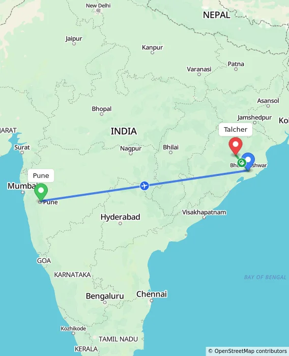 Route map showing distance and travel time from Pune, India to Talcher, India