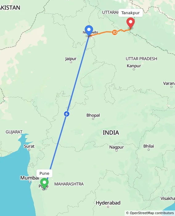 Route map showing distance and travel time from Pune, India to Tanakpur, India