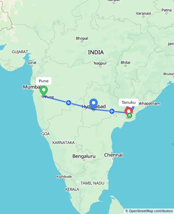 Route map showing distance and travel time from Pune, India to Tanuku, India