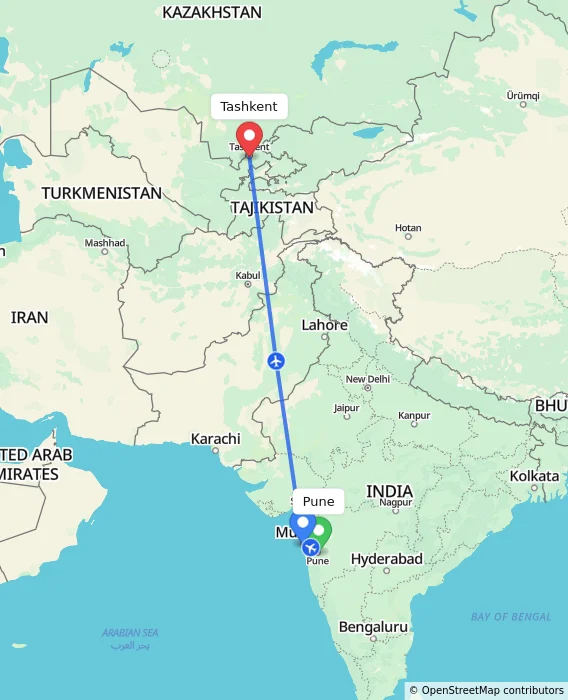 Route map showing distance and travel time from Pune, India to Tashkent, Uzbekistan
