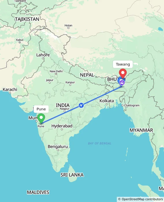 Route map showing distance and travel time from Pune, India to Tawang, India
