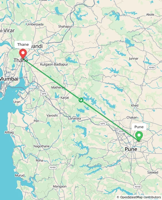 Route map showing distance and travel time from Pune, India to Thane, India