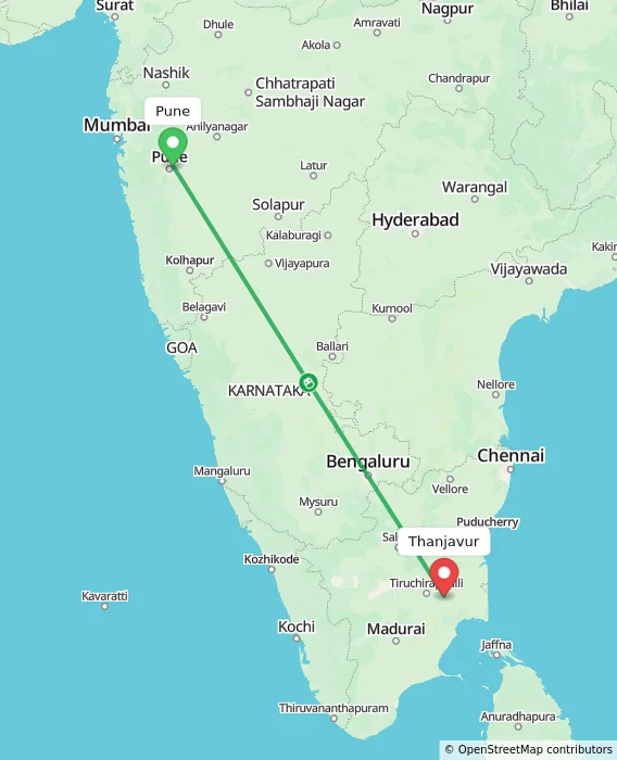Route map showing distance and travel time from Pune, India to Thanjavur, India