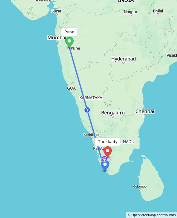 Route map showing distance and travel time from Pune, India to Thekkady, India
