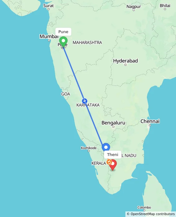 Route map showing distance and travel time from Pune, India to Theni, India
