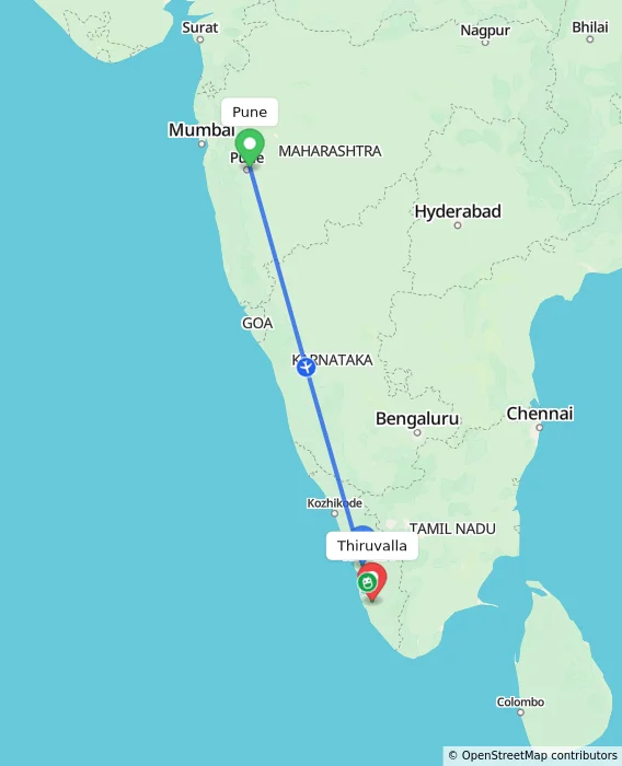 Route map showing distance and travel time from Pune, India to Thiruvalla, India