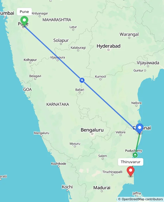 Route map showing distance and travel time from Pune, India to Thiruvarur, India